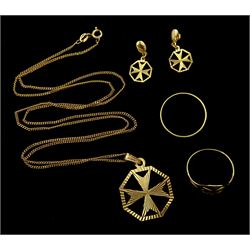 18ct gold wedding band and 9ct gold Maltese cross design jewellery including pendant necklace, earrings and ring, all hallmarked 