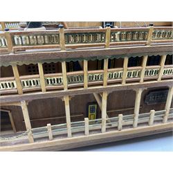 Hand built model of a river paddle steamer 'King of the Mississippi' and a sailing ship with three masts and unfurled sails, largest example H80cm, L101cm