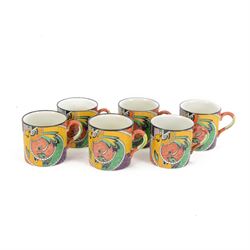 Royal Winton Jazz pattern coffee set, circa 1925, decorated with printed scroll and cubist motifs in yellow, green and red tones, comprising coffee pot, six coffee cans and saucers, cream jug and sugar bowl, coffee pot H20cm