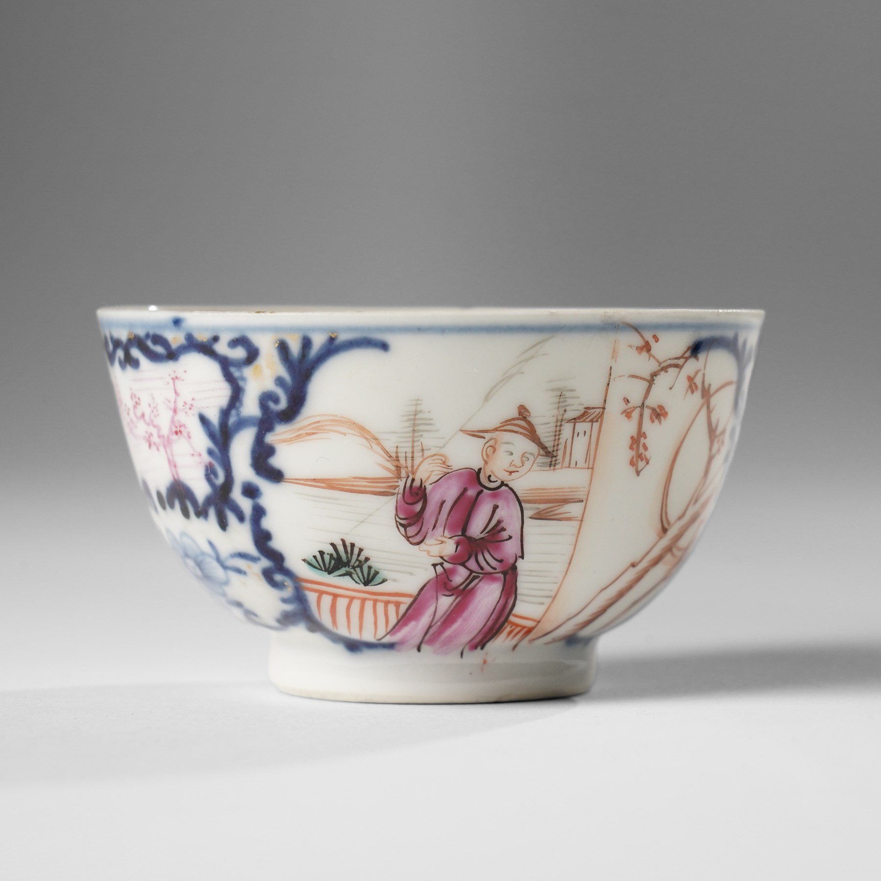 Two pairs of 18th/19th century Chinese export tea bowls and saucers, the first decorated in the 'Mandarin Palette' in typical colourways, the other famille rose examples painted with figures near a window, all unmarked (4)