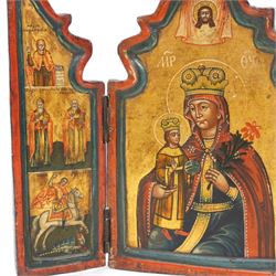 19th century Greek Orthodox Triptych Eikon (Icon), the central shaped arch panel depicting the Madonna and Child with Jesus above, the flanking hinged panels painted with St George, St. Demetrius of Thessaloniki and other Saints, parcel-gilt and tempera on panel, H25cm