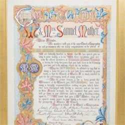 G Spawton Callow (British 19th Century); hand-written illuminated Golden Wedding Anniversary manuscript, from the Charles Street Chapel, Leicester, illuminated in gilt and decorated with a border of foliage, signed; together with a wooden fretwork panel of the Lord's Prayer and a preaching plan for The Wesleyan Methodist Preachers in the Whitby Circuit, max 69cm x 59cm (3)