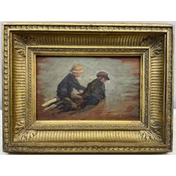 Attrib. Henry Scott Tuke RA RWS (British 1858-1929): Two Boys on the Prow of a Boat, oil sketch on panel unsigned, with further sketches verso 12cm x 19cm 
Notes: for comparable sketches on panels of a similar size, see works in The Tuke Collection, Royal Cornwall Polytechnic Society. Tuke often painted on both sides, leaving areas of panel exposed.