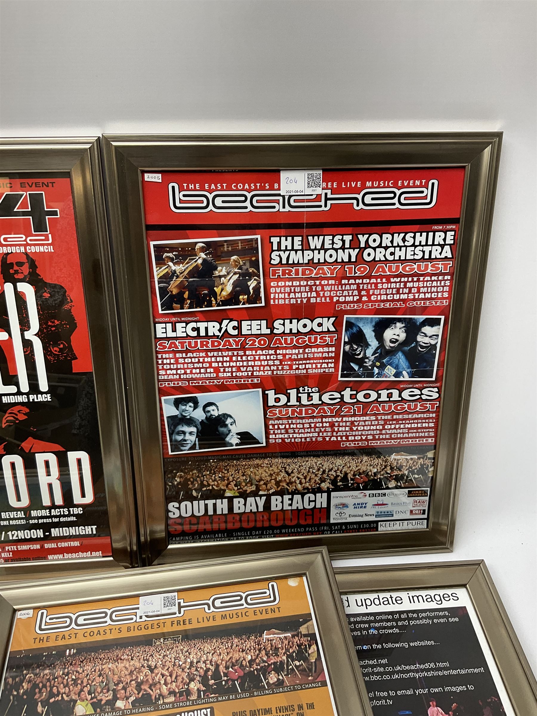 Scarborough Beached Festival - six consecutive framed posters from the years 2003-2008, and a further promotional poster from 2006, max 40cm x 30cm (7)