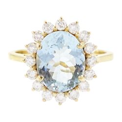 18ct gold aquamarine and diamond cluster ring, single oval cut aquamarine of approx 2.05 c...