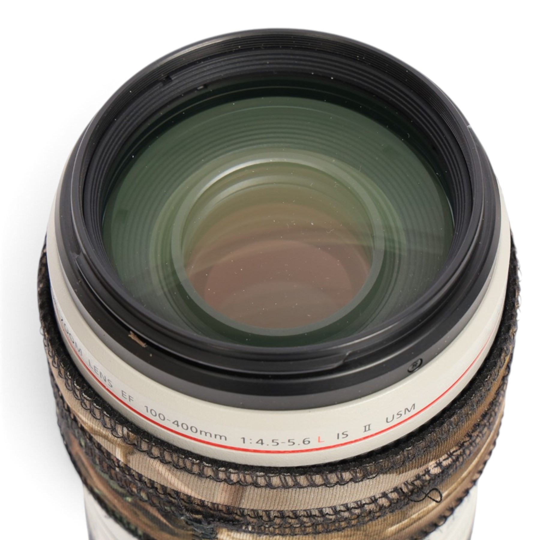 Canon EF 100-400mm f/4.5-5.6L Image Stabilising Ultrasonic camera lens serial no. 4710001538, with camouflage cover and lens case, boxed with instructions