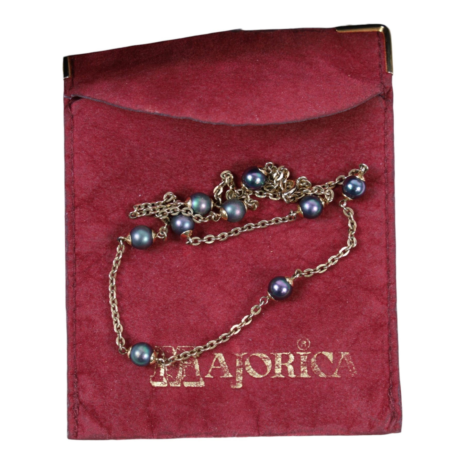 Pair of 9ct gold faux pearl earrings, two silver rings, Grosse brooch, silver-gilt Majorica pearl necklace and earrings, compact mirrors and a collection of costume jewellery