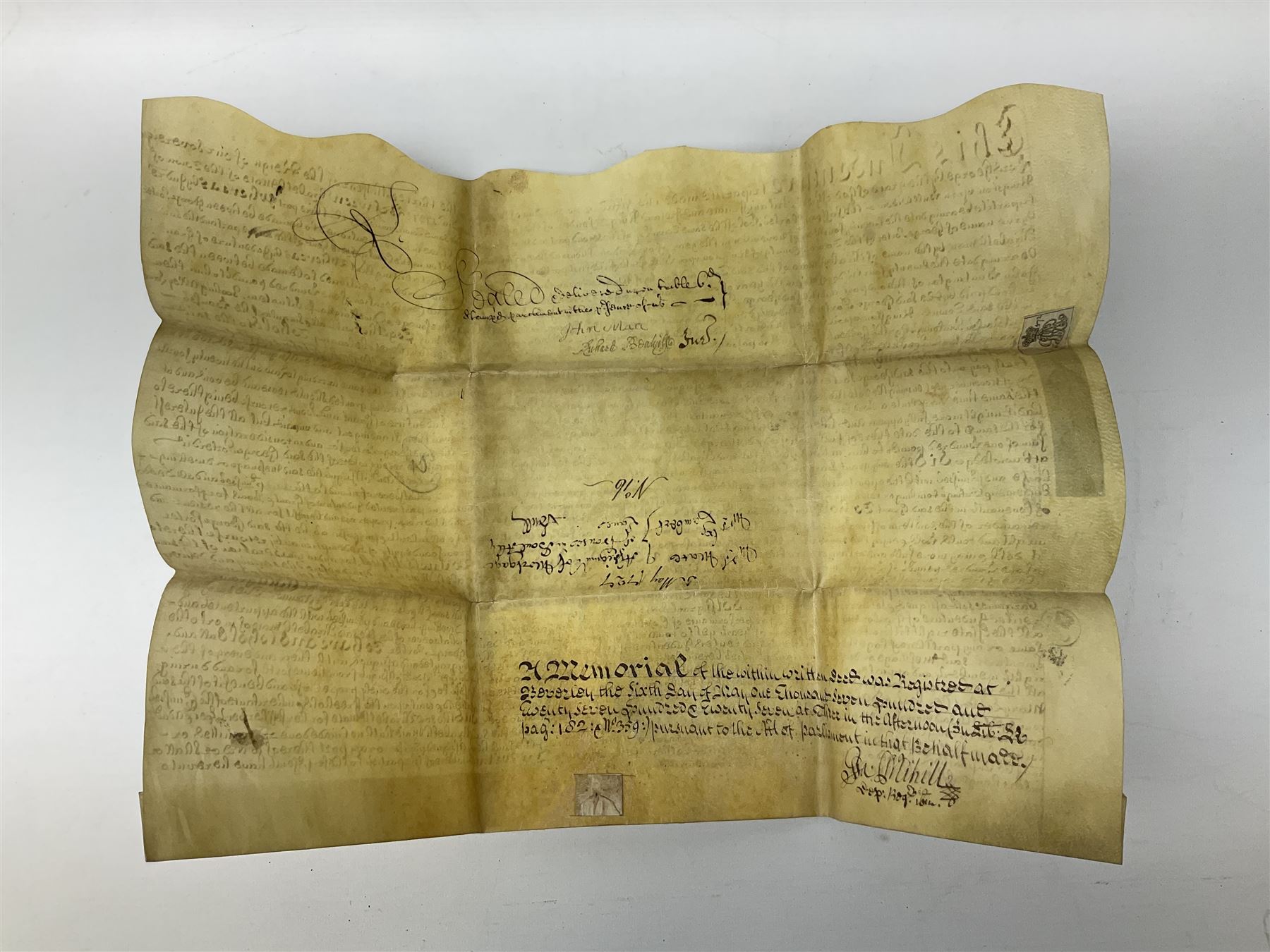 Three 17th/18th century manuscript deeds on vellum relating to properties in Bowling Alley Lane, Hull - one dated 16/12/1689 with seal 44 x 65cm; mortgage dated 20/2/1711 56 x 74cm; and assignment of mortgage dated 5/5/1727 with seal; all folded (3)