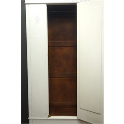  Edwardian white painted single wardrobe enclosed by single bevelled mirror glazed door, single drawer to base and a painted pine three drawer chest (W85cm, H82cm, D47cm)  