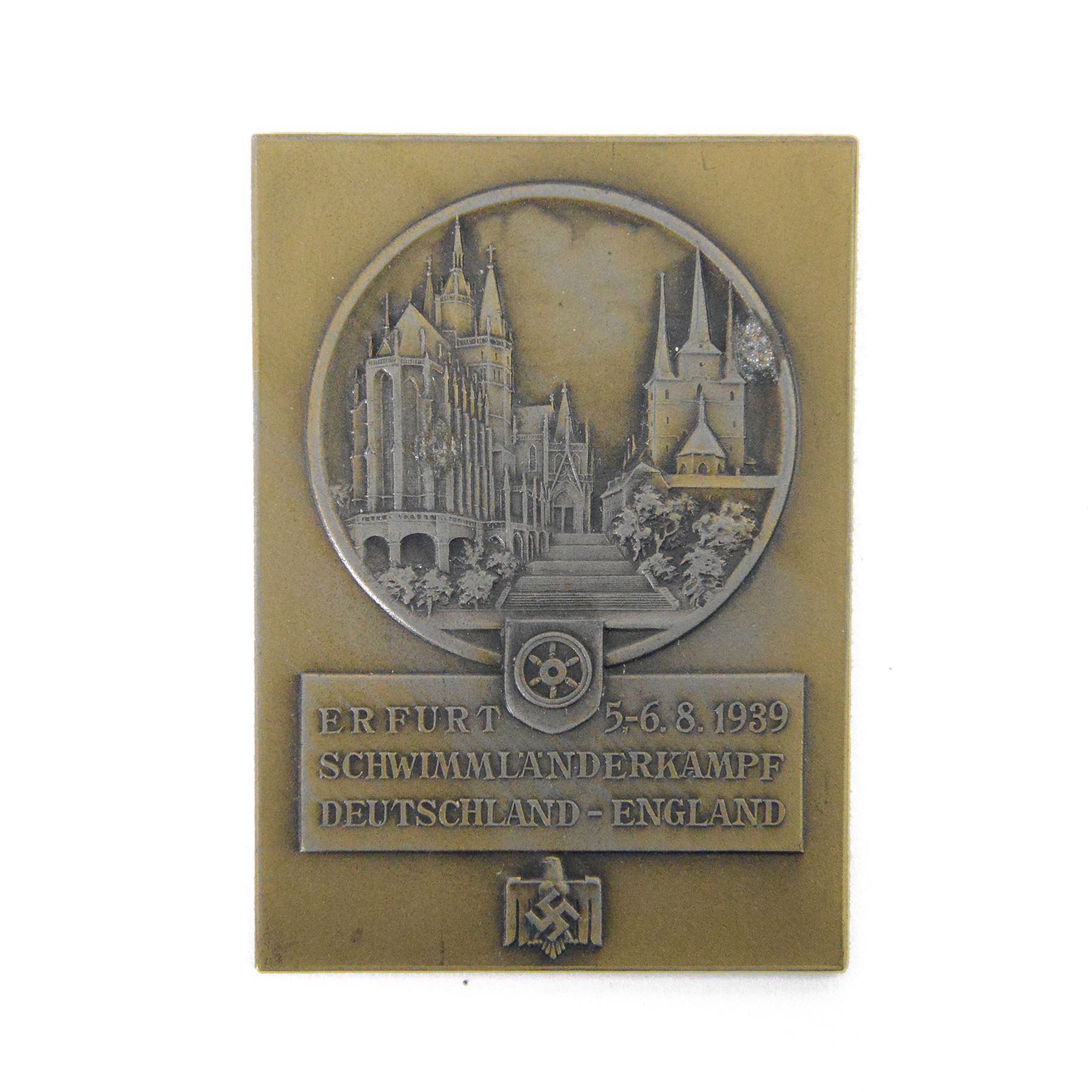 1939 bronze swimming plaque, awarded for swimming international competition held in Erfurt on 5-6th august 1939, with German eagle clutching a swastika, H7cm