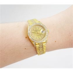 Rolex Oyster Perpetual Datejust ladies 18ct gold automatic wristwatch, circa 1983, Ref. 69178, serial No. 8058240, champagne dial diamond dot hour markers and outer diamond ring, after market diamond set bezel and lugs, on 18ct gold President bracelet, set with after market diamonds, with AIGL report and additional links