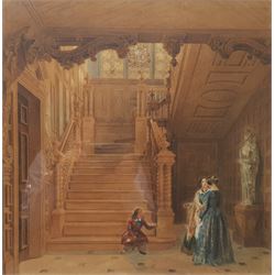 English School (19th century): Figures in a Country House Stairwell, watercolour unsigned 45cm x 45cm