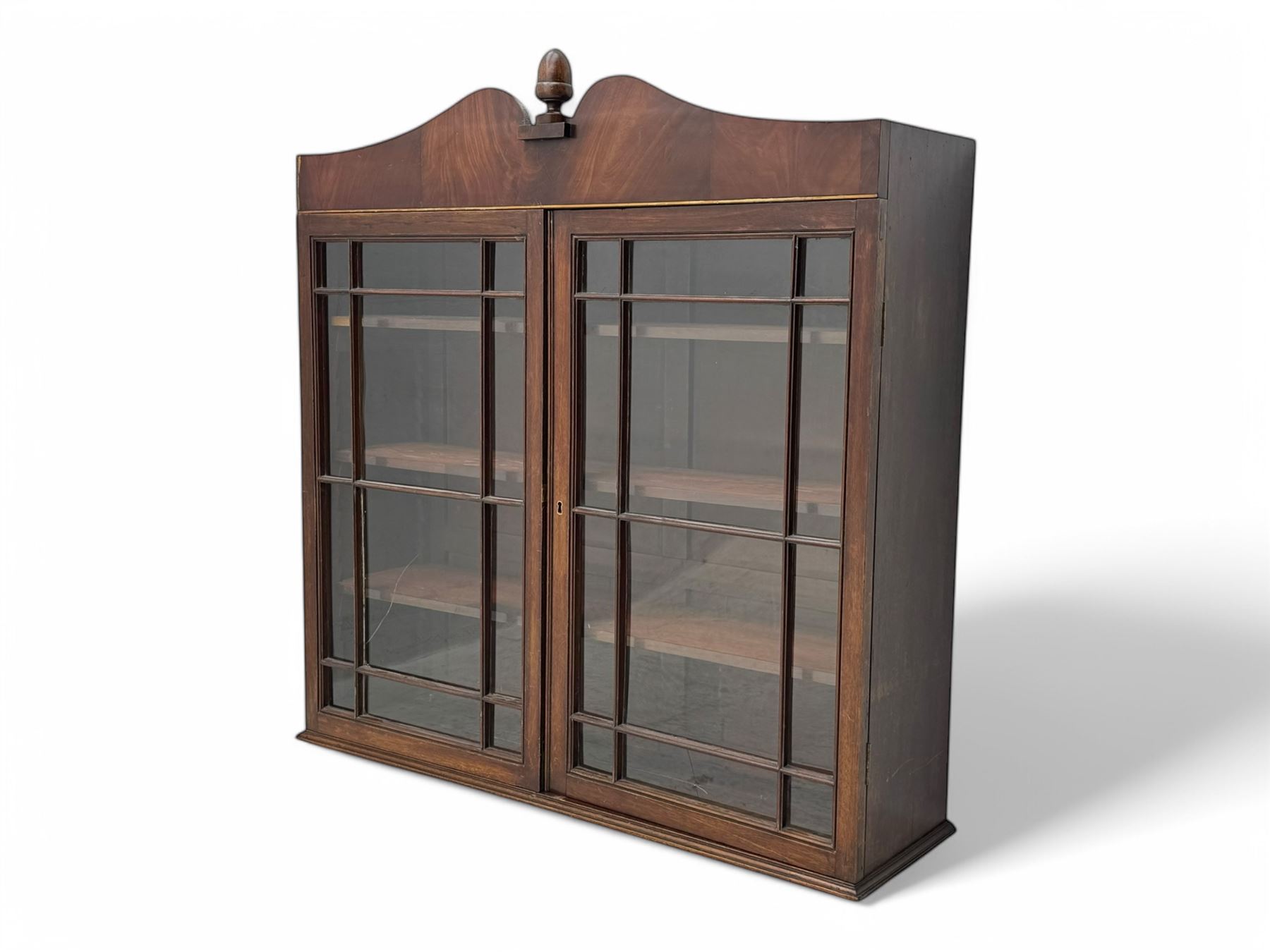 19th-century mahogany bookcase top with two glazed doors and pediment with acorn finial 