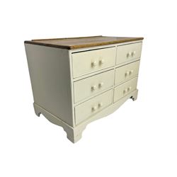 19th century painted pine chest, fitted with six drawers, stripped and waxed plank top, on bracket feet