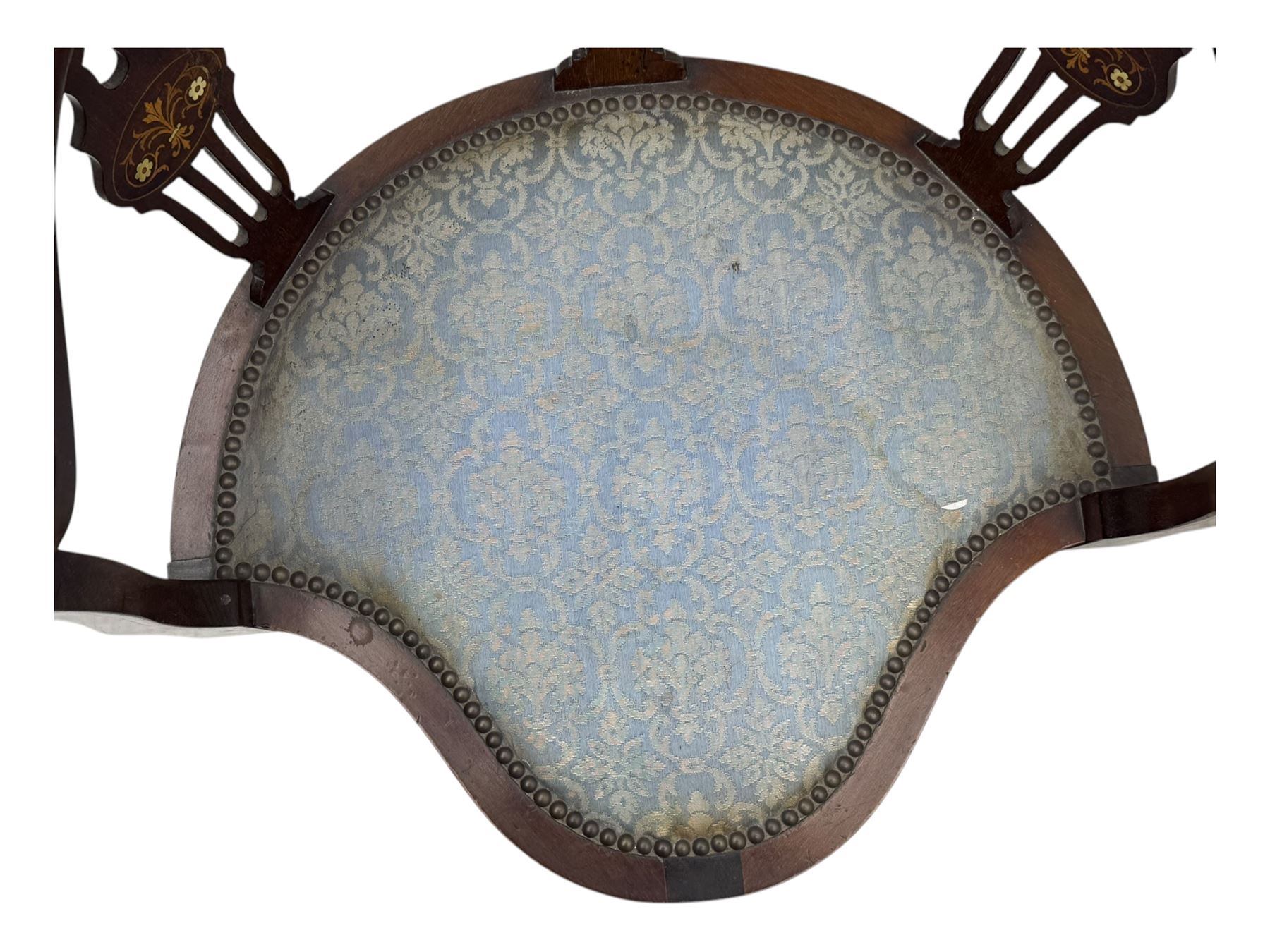 Edwardian inlaid mahogany corner chair, curved arms on shaped splat supports inlaid with satinwood, on turned supports (W60cm, H75cm); Edwardian inlaid mahogany tub-shaped armchair, the cresting rail inlaid with scrolling acanthus leaves and flower heads, on square tapering supports with spade feet (W58cm, H80cm)