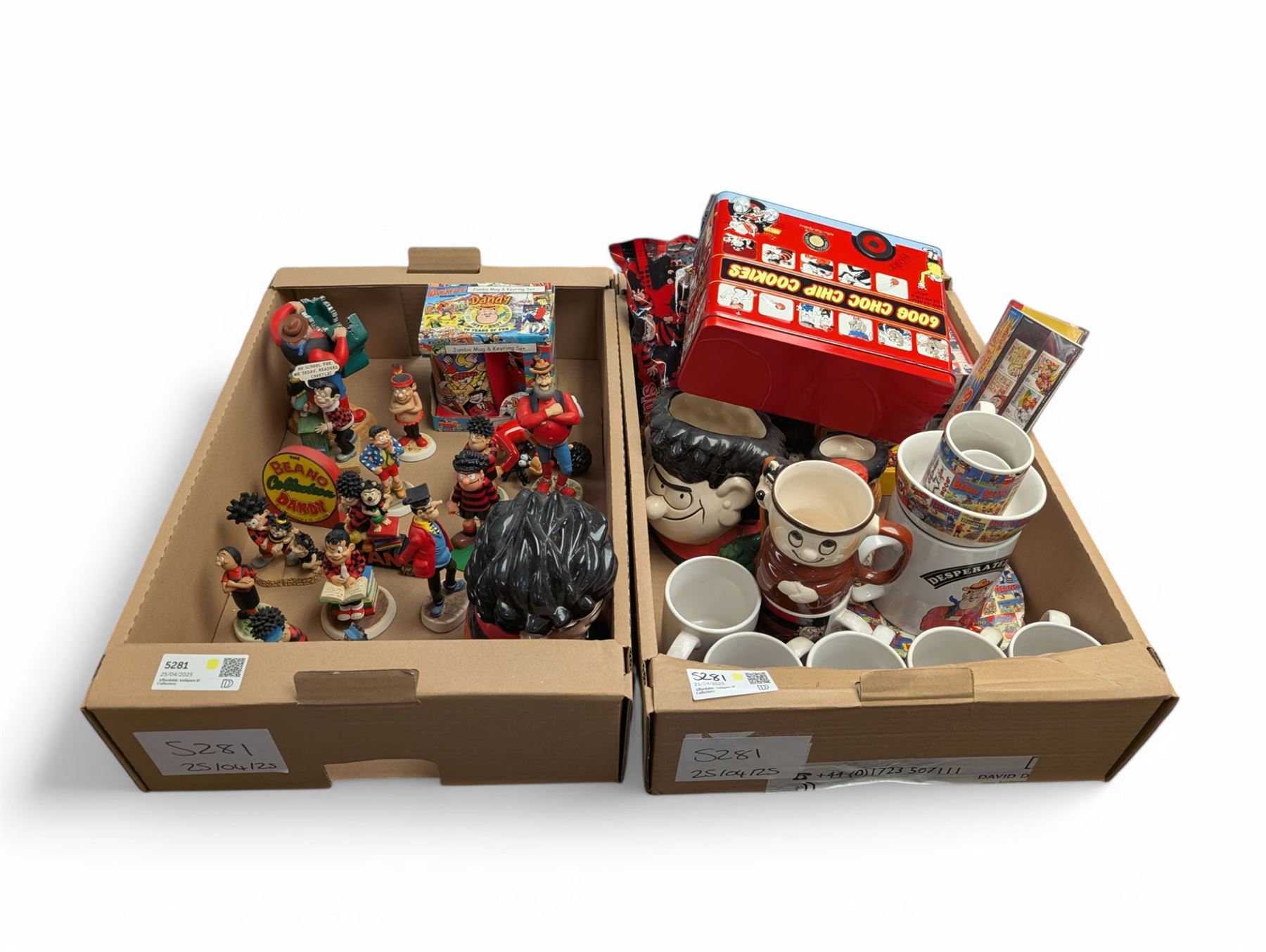 Collection of Robert Harrod The Beano Dandy Collection figures including Desperate Dan, Teach, Rodger the Dodger and Chips together with Beano collectibles including mugs, stamps, etc