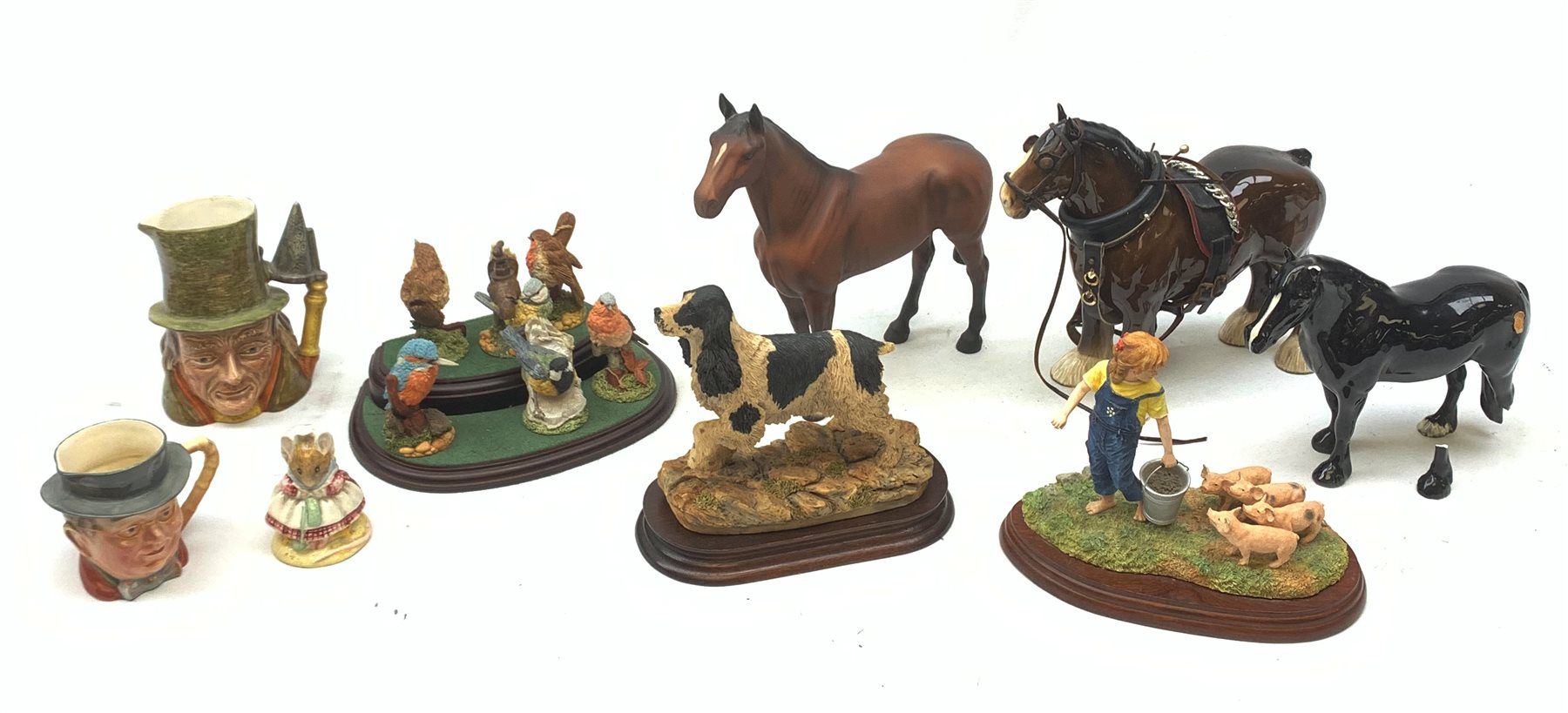 Three Beswick horses comprising: 'The Winner' no. 2421,  Shire Horse and Dale Pony (a/f), Border Fine Arts group 'Feeding Piglets' A5030, Beswick Beatrix Potter figure,  set of six Royal Doulton birds on stand etc 