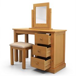 Contemporary oak dressing table, fitted with three drawers, with corresponding mirror and stool
