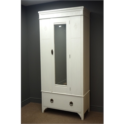  Edwardian white painted single wardrobe enclosed by single bevelled mirror glazed door, single drawer to base and a painted pine three drawer chest (W85cm, H82cm, D47cm)  