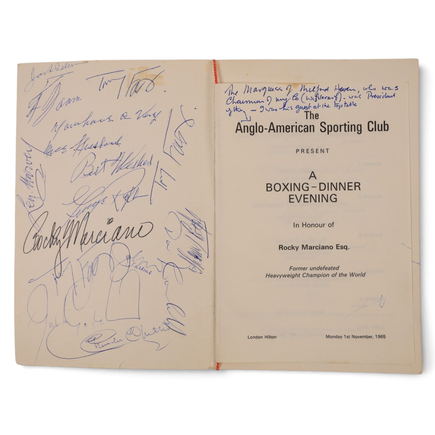 1965 Anglo-American Sporting Club 'A Boxing-Dinner Evening in Honor of Rocky Marciano Esq.' signed menu, with various boxing signatures including Rocky Marciano, Len Harvey, Tommy Farr, Joe Erskine and Charlie Chester