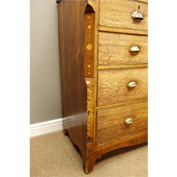 19th century inlaid oak cupboard on chest, enclosed by two panelled doors, three adjustable shaped shelves, painted interior, on two short and three long drawer chest, W129cm, H101cm, D38cm  