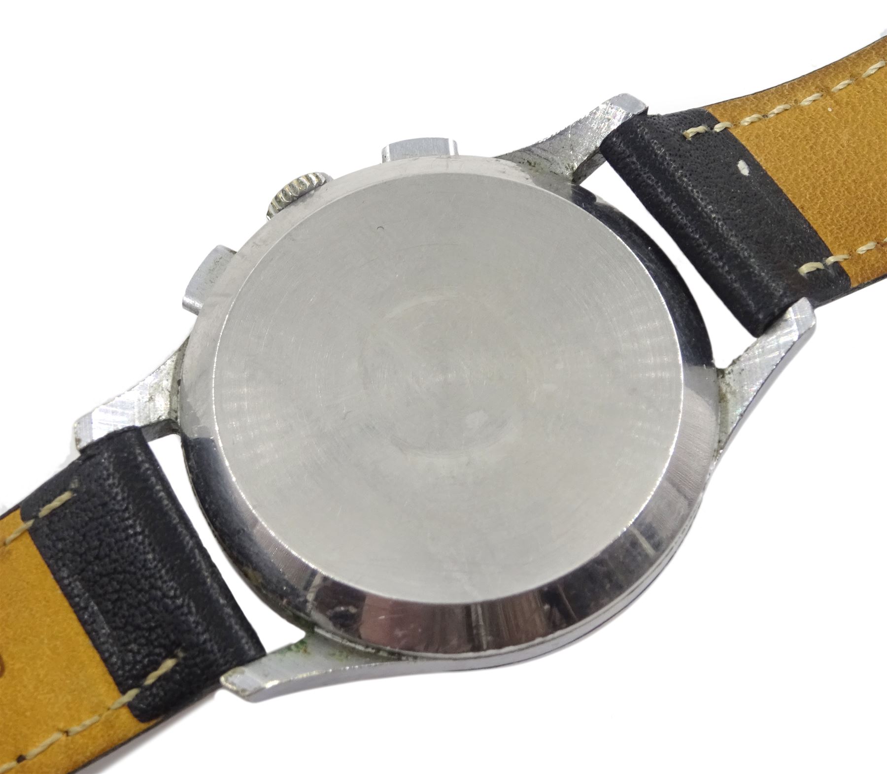 Sekonda USSR chronograph stainless steel wristwatch, 19 jewels manual wind Poljot lever movement, cal. 3017, two dials for seconds and 45-minute register, outer tachymeter and inner telemeter scales, case with buttons in the band to operate chronograph, on black leather strap