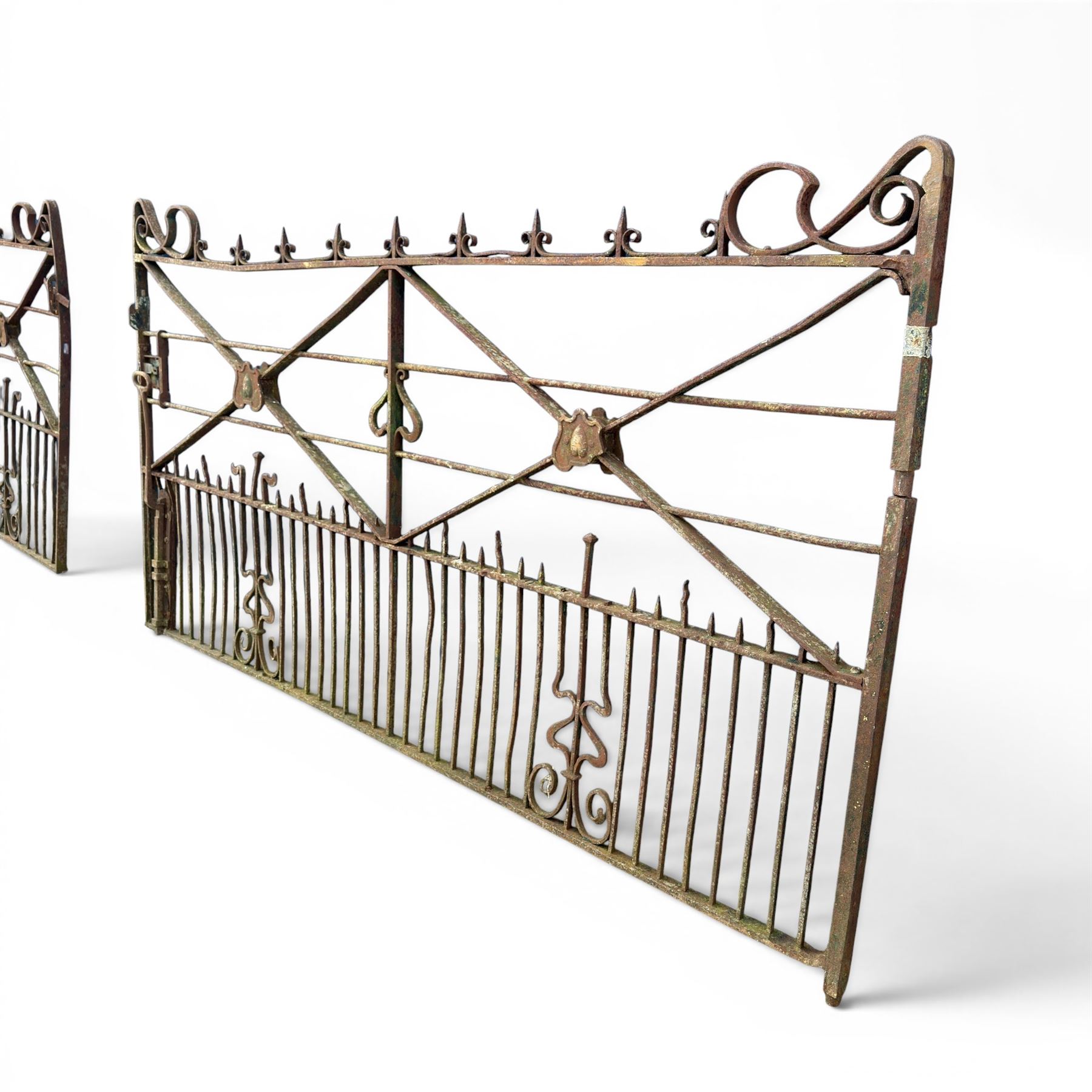 Impressive 19th century 9' wrought iron Country House gate, bar form with close rail base, X framed with central crests, scroll and spike top