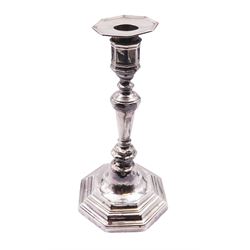 Edwardian silver mounted candlestick, of octagonal knopped and tapering form, modelled in the George III style, hallmarked Hawksworth, Eyre & Co Ltd, Sheffield 1901, H23.5cm