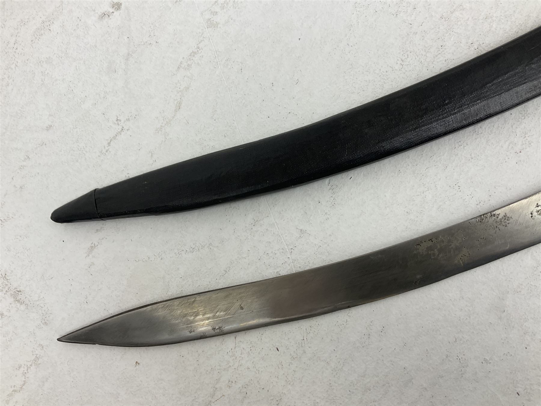 20th century Indian Tulwar sword with 71cm plain curving steel blade and iron hilt with extended langets, knopped grip and spiked pommel; in canvas covered wooden scabbard L87.5cm overall; together with five fencing swords comprising four foils and one epee, three marked Leon Paul, one in carrying case (6)