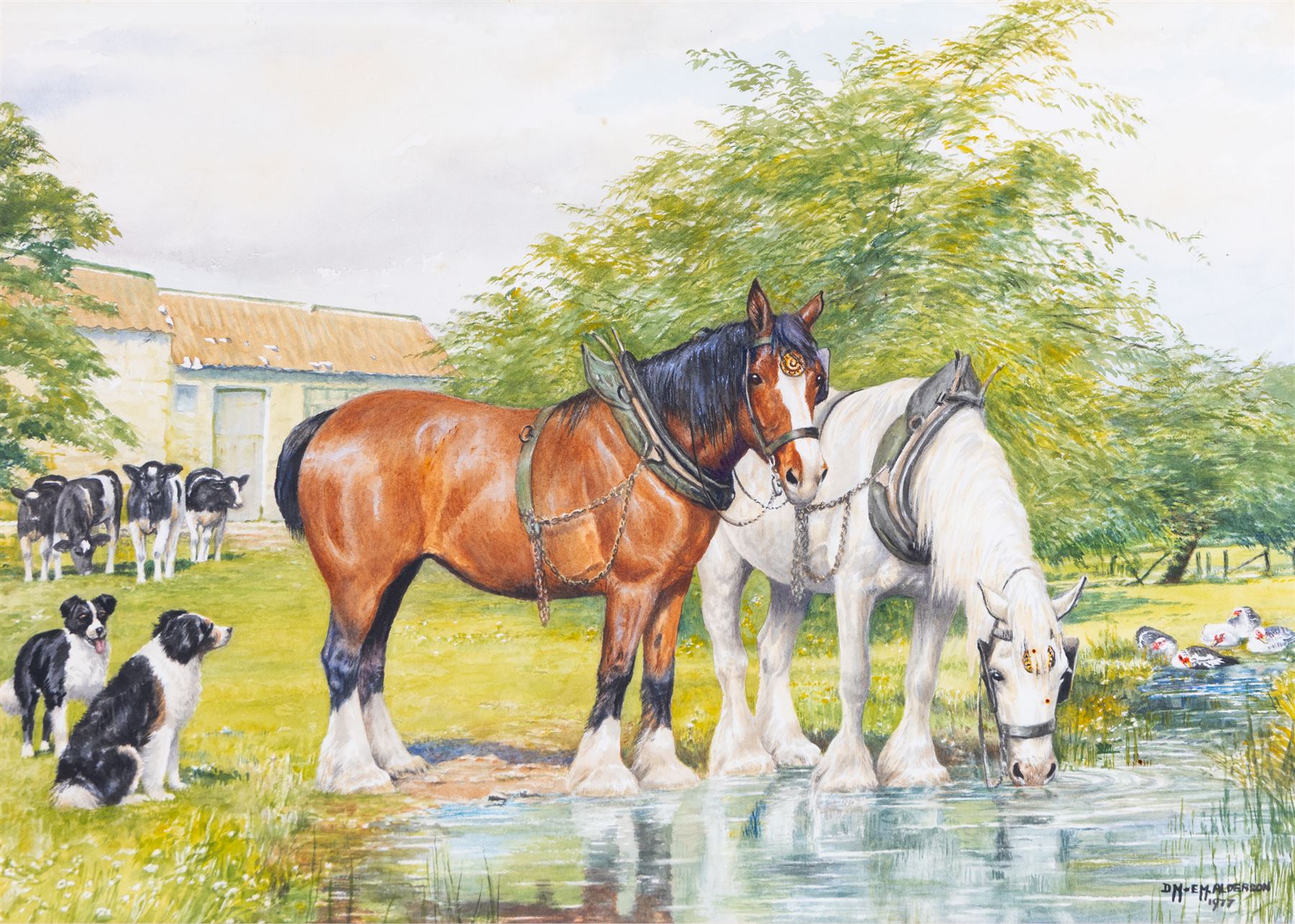Dorothy Margaret Alderson (British 1900-1992) and Elizabeth Mary Alderson (British 1900-1988): Horses Watering, watercolour signed and dated 1977, 36cm x 51cm 