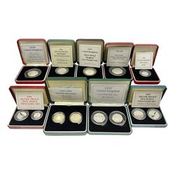 The Royal Mint United Kingdom cased silver proof coins or sets, comprising 1990 piedfort five pence, 1990 five pence two coin set, 1992 ten pence two coin set, 1992 piedfort ten pence, 1994 'D-Day' fifty pence, 1997 fifty pence two coin set, 1997 piedfort two pounds, 1998 '25th Anniversary EEC' and 1997-1998 two pound two coin set, all cased with certificates