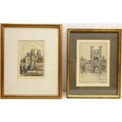  'Monk Bar, York', etching signed and titled in pencil by John W King (British fl.1893-1924) and 'Bootham Bar York', early 20th century coloured etching indistinctly signed and titled in pencil, max 20cm x 14cm  