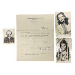 Masonic letter dated 1948 signed by the cricketer/footballer Denis Compton; Arthur Askey signed photograph; and two photographs of film stars