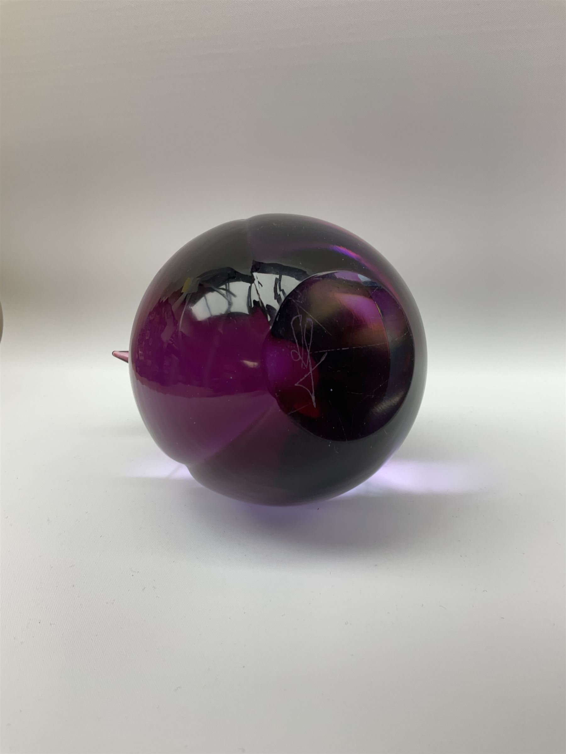 Livio Seguso (Italian, 1930-), Murano glass penguin paperweight in purple and blue, H12.5cm, together with another paperweight modelled as a polar bear for Graglas of Germany, c1970, both with etched marks beneath