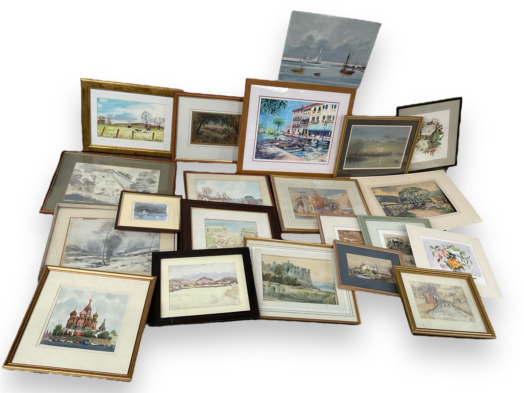 Collection of original watercolours with local interest and an oil to include Richard White, Bobbie Simmons, Marmaduke Miller, D England and Peggy Pountain in one box (approx. 21)