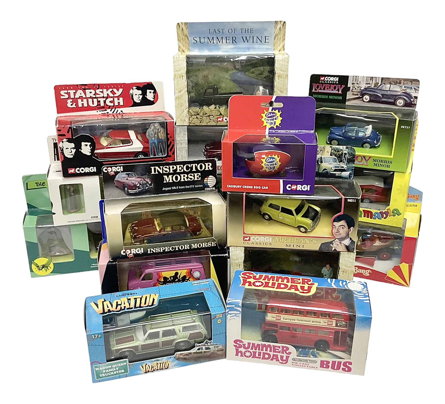 Corgi - seventeen TV/Film related die-cast models including Last of the Summer Wine, Charlie's Angels, Starsky & Hutch, Inspector Morse, Lovejoy, Mr. Bean, Chitty Chitty Bang Bang, Monkees, Fawlty Towers, Green Hornet, Summer Holiday, National Lampoon Vacation etc; all boxed (17)