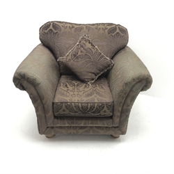 Armchair upholstered in aubergine embossed fabric,  turned supports, W112cm