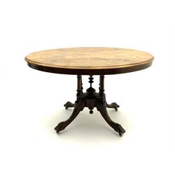 Victorian inlaid walnut oval loo table, folding snap top (no pins)