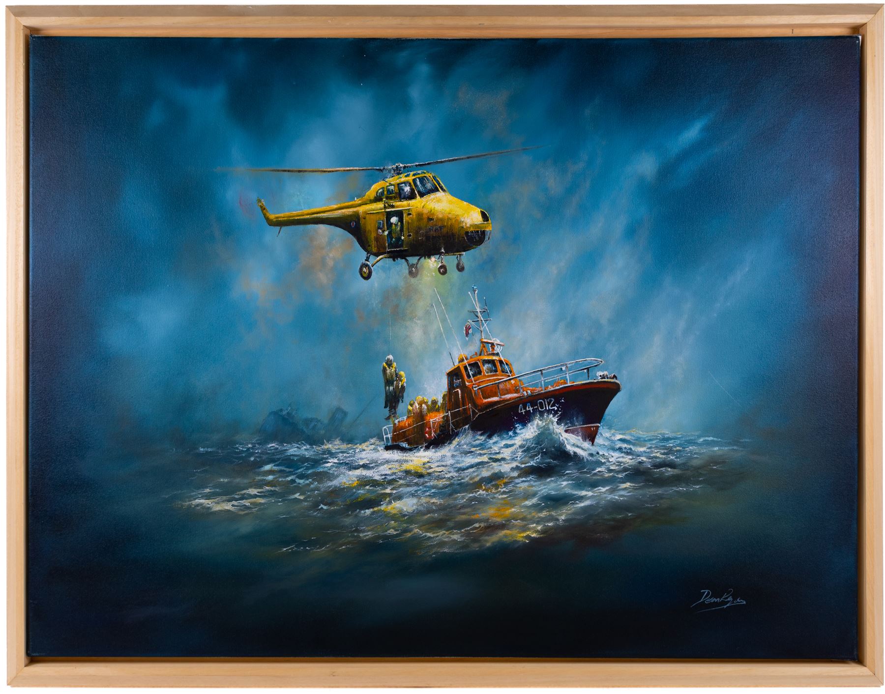 Dean Regan (Northern British 1960-): White Rose of Yorkshire - Whitby Waveney class lifeboat (1974-1988) at a rescue scene with a Westland Whirlwind helicopter, oil on canvas signed 76cm x 101cm 
