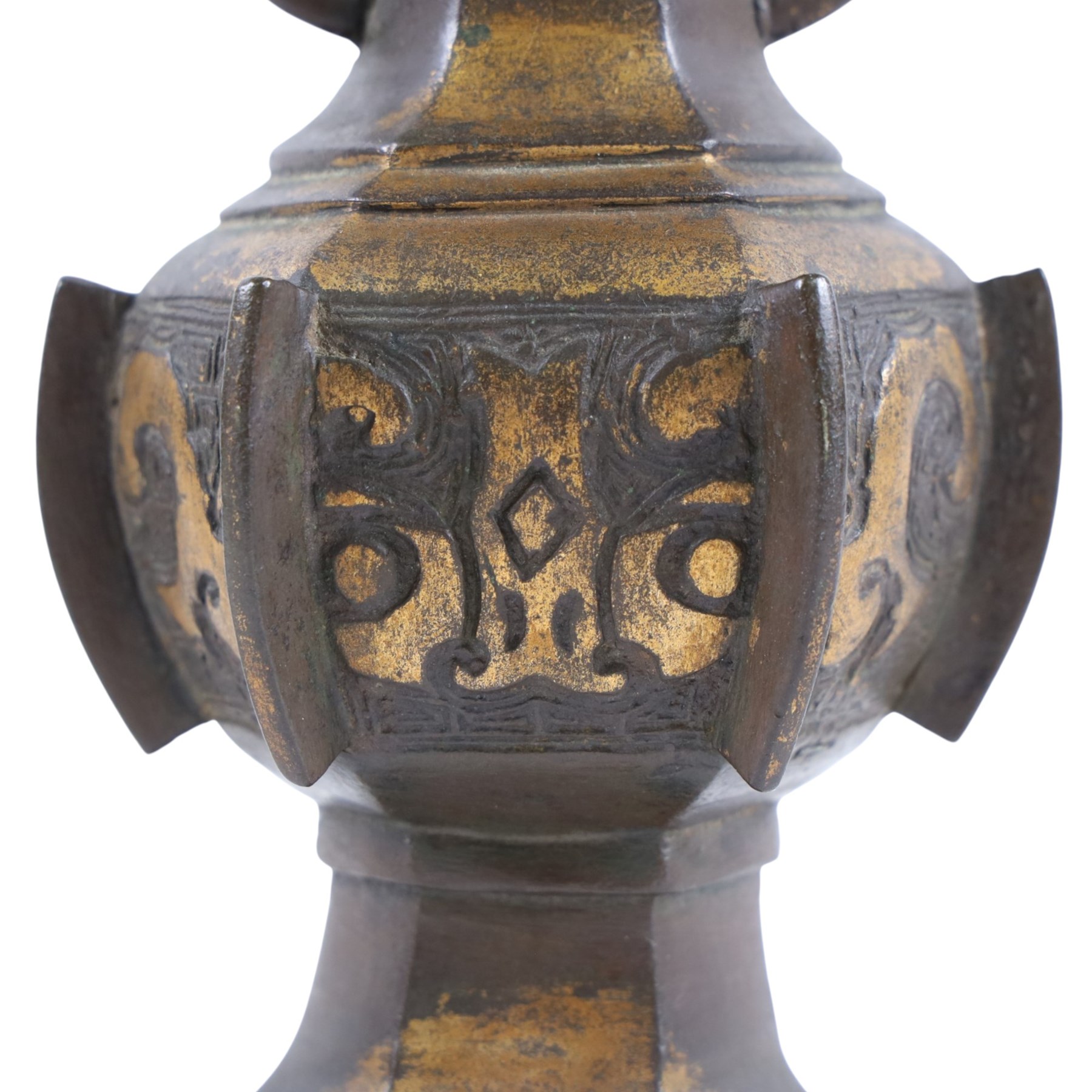 Pair of vases, of Hexagon form with chilong handles, together with tripod censer, and two further pots 