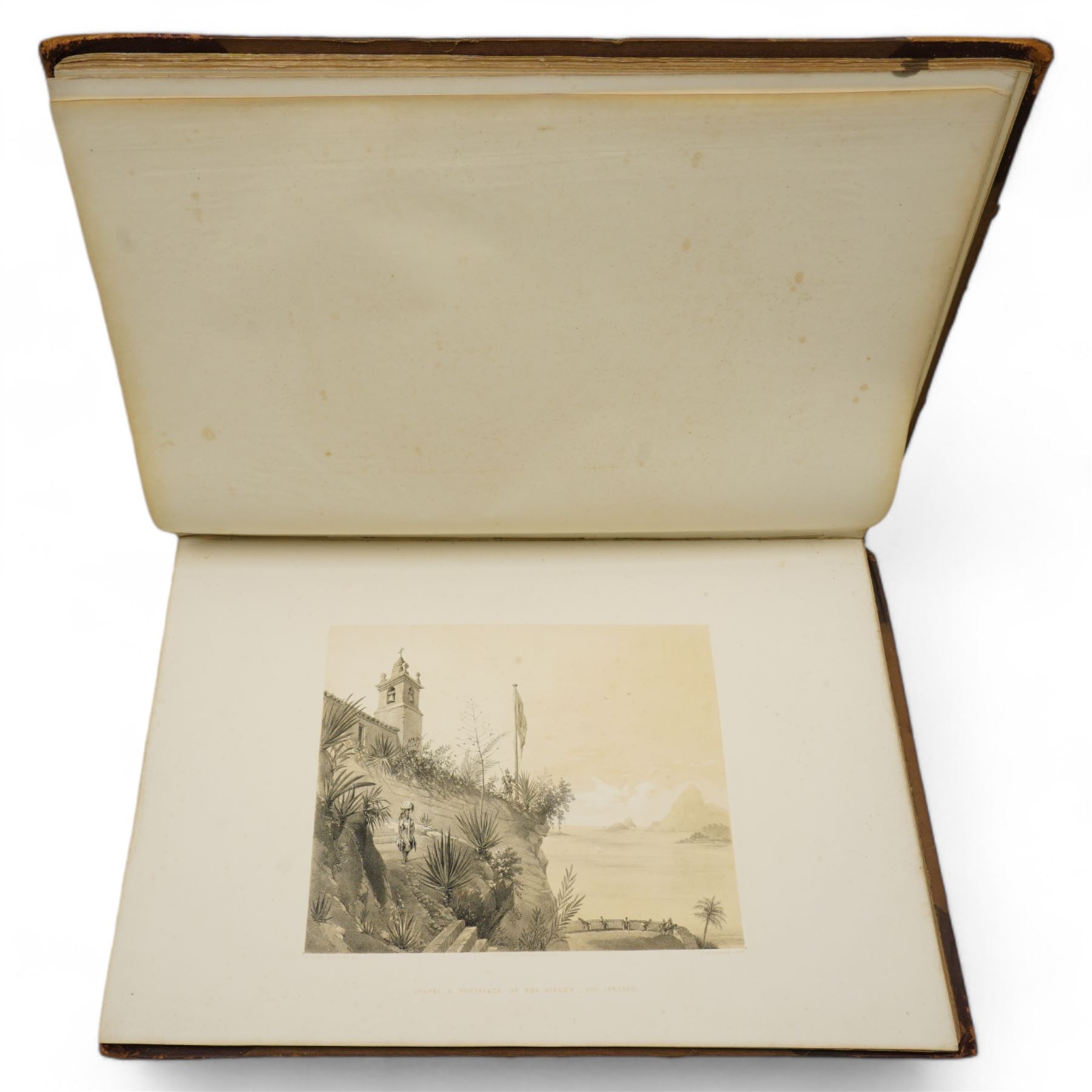 Sir William Gore Ouseley (British 1797-1866): 'Views in South America, from original drawings made in Brazil the River Plate, the Parana, &c', folio containing twenty six (26) tinted lithograph plates with lithographed titled and plan, dedication to Prince Albert with list of plates on verso, pub. London: Thomas McLean 1852, bound in oxblood leather and brown cloth
