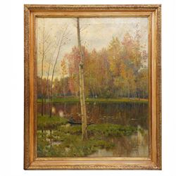 School of Tonalism (Late 19th Century - c.1890): Autumn Day, oil on canvas unsigned 78cm x 62cm
Notes: A very accomplished example testifying to the changing artistic attitudes at the turn of the century, embodying the transition from traditional realist depictions of landscapes into a more expressive handling. The restricted palette of green, brown and orange hues has been carefully used to construct soft-edged forms, mimicking the tranquil feeling of nature and eliciting an emotional response to the scene. The central solitary figure enhances the intimate setting, conveying a sense of contemplation.