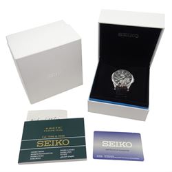 Seiko Premier kinetic perpetual gentleman's stainless steel wristwatch, on original black leather strap with fold-over clasp, boxed with original receipt dated 2009