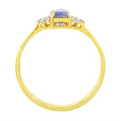 14ct gold Ceylon sapphire and diamond ring, single radiant cut sapphire of approx 0.75 carat, with three round brilliant cut diamonds set either side, stamped