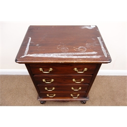  Pair Victorian mahogany bedside cabinets, raised shaped back, single drawer above cupboard, plinth base (W46cm, H75cm, D47cm) and a mahogany chest, four drawers, acanthus carved cabriole feet (W66cm, H90cm, D45cm)  