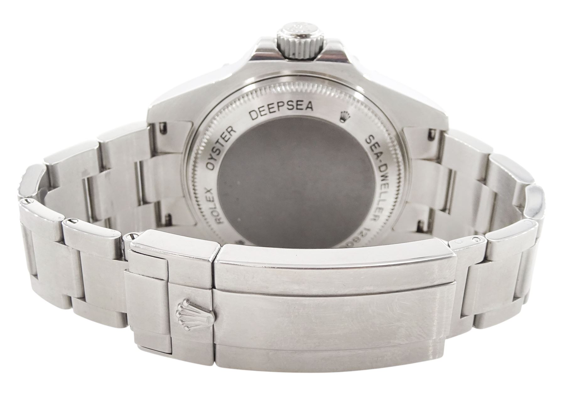 Rolex Oyster Perpetual Date Deepsea Sea-Dweller gentleman's stainless steel automatic wristwatch, circa 2008, Ref. 116660, serial No. V120010, luminous filled dot hour markers, baton quarters and white outer minute divisions, on Rolex Oyster bracelet, with fold-over clasp, boxed with papers