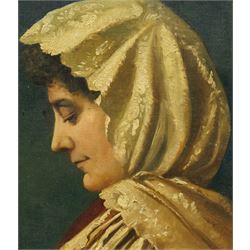 Italian School (Late 19th/Early 20th century): Side Profile Portrait of a Woman in a Headscarf, oil on canvas board unsigned, indistinctly inscribed verso 35cm x 30cm
