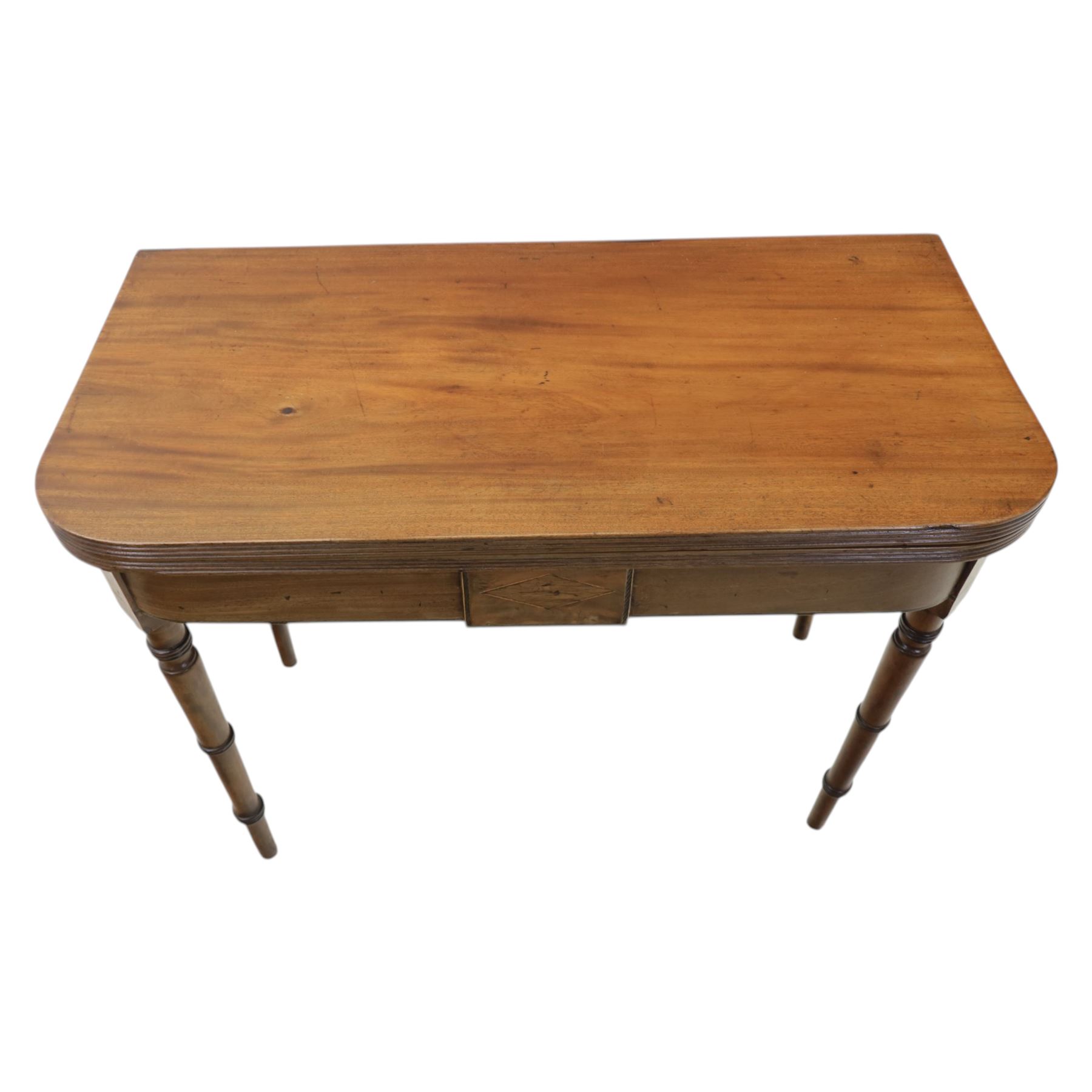 Mid-19th century mahogany console table, featuring extending fold-over top with double rear gate-leg action, raised on turned legs