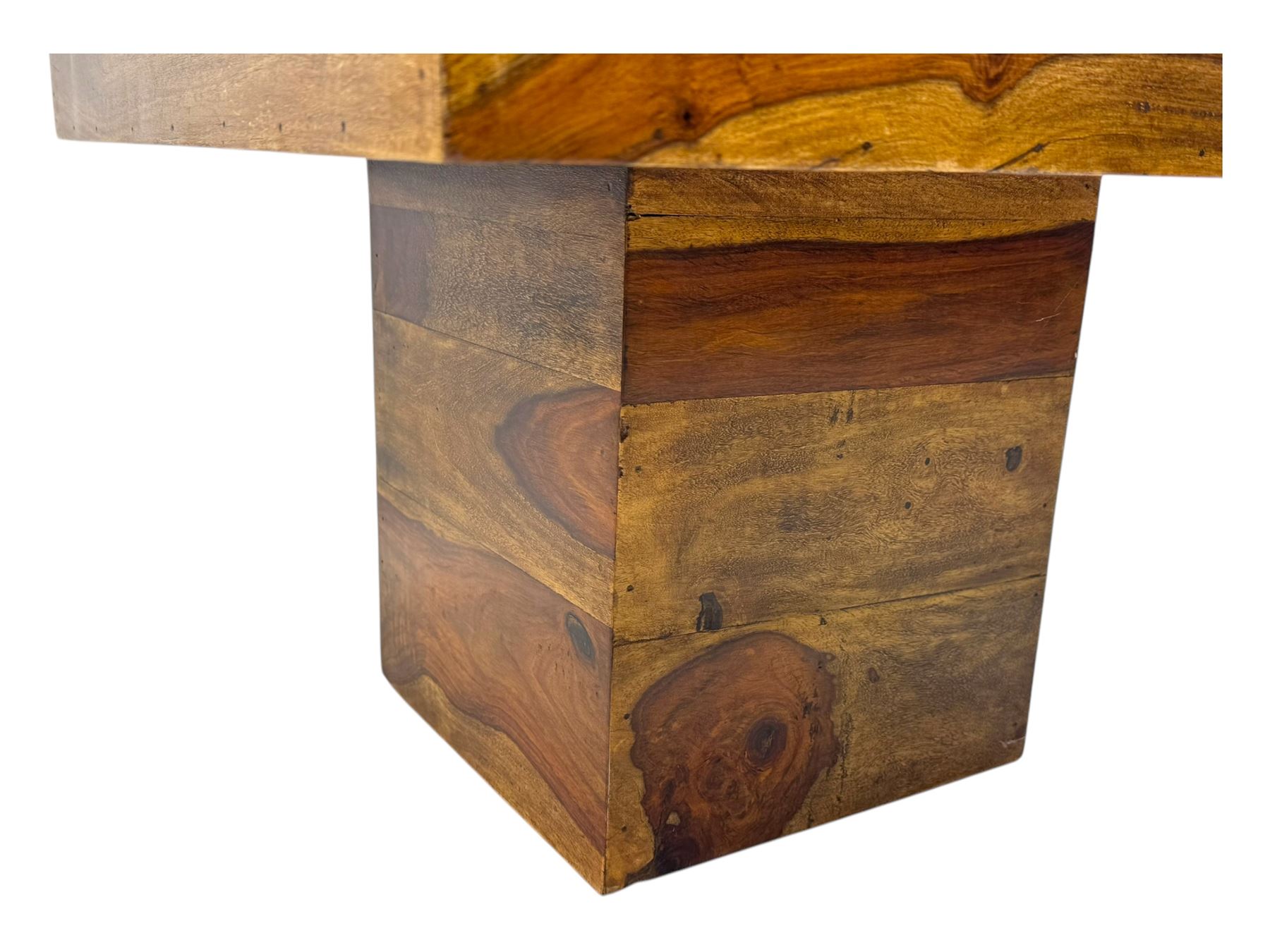 Pair of contemporary hardwood occasional tables, square tops with central recessed acrylic panels, on block pedestal bases