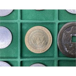 Coins and medallions including, York 1811 one shilling cattle and barber silver token, United States of America 1883O silver Morgan dollar, birds of destiny medal by Malcolm Appleby, Great British King George V 1930 halfcrown, King Edward VII 1902 silver medal, King George V 1916 halfcrown etc, housed in a case with lift out green coin trays